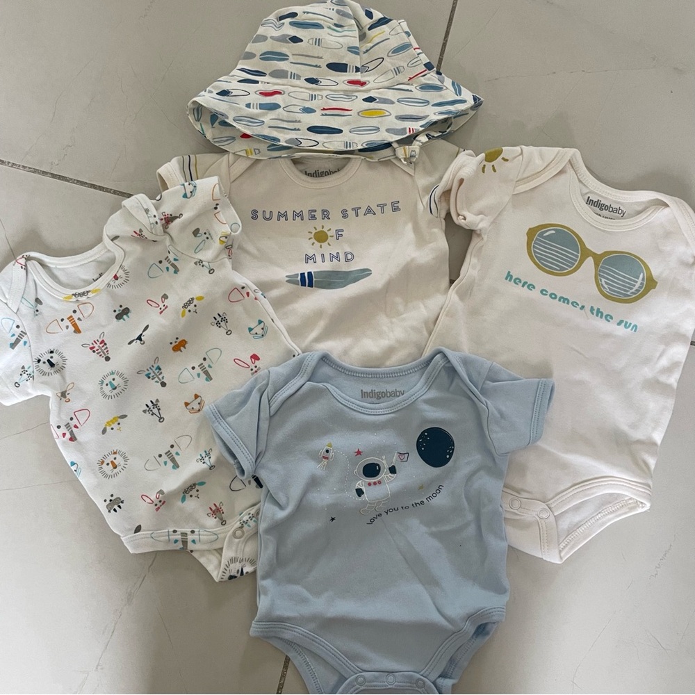 4 Indigo Blue and White Bodysuit Collection with sun hat- 3-6 months